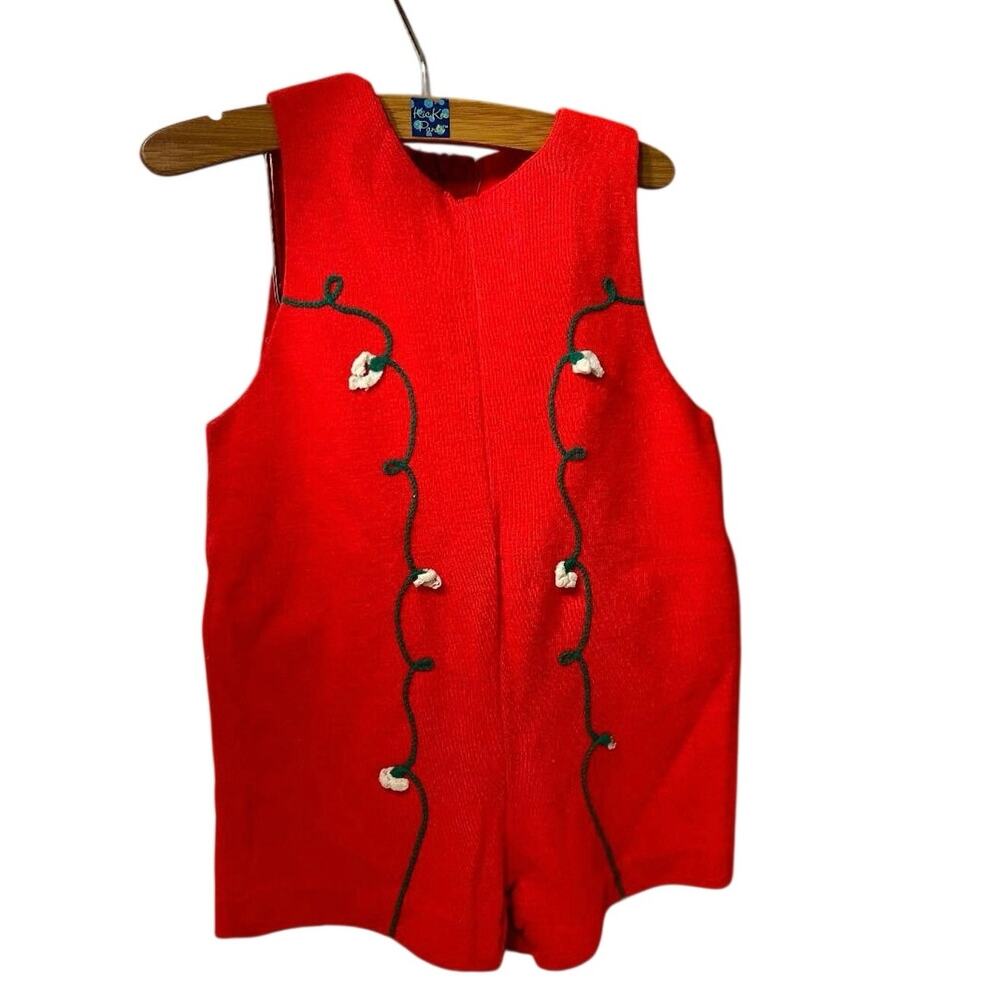 Vtg Infant Holiday Red "Thomas" overall Romper, 24 months embroidered design